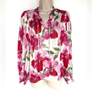 Joie Floral Blouse Pink Red Semi-Sheer Metallic Stripe Boho Romantic Top S